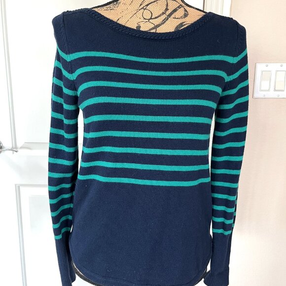 Ann Taylor Loft Sweater Navy Blue Green Striped Long Sleeve Size Medium - Picture 2 of 7